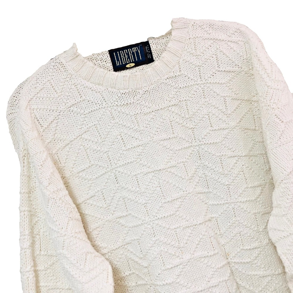 Y2K Liberty Cable Knit Sweater Mens L‎ USA Ivory Casual Cotton Preppy Office